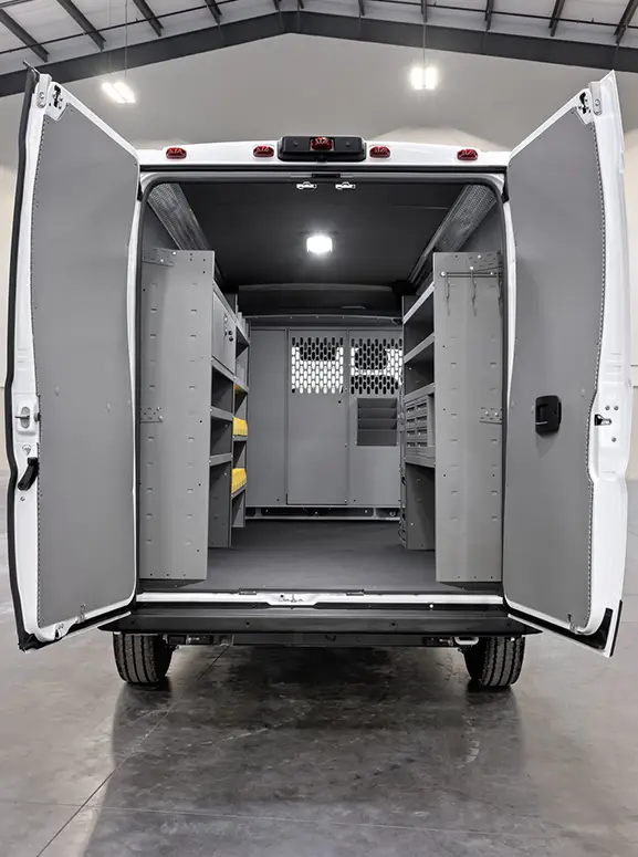 upfitting storage inside a large white van