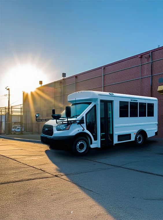White shuttle bus parked next to a prison near Duncan